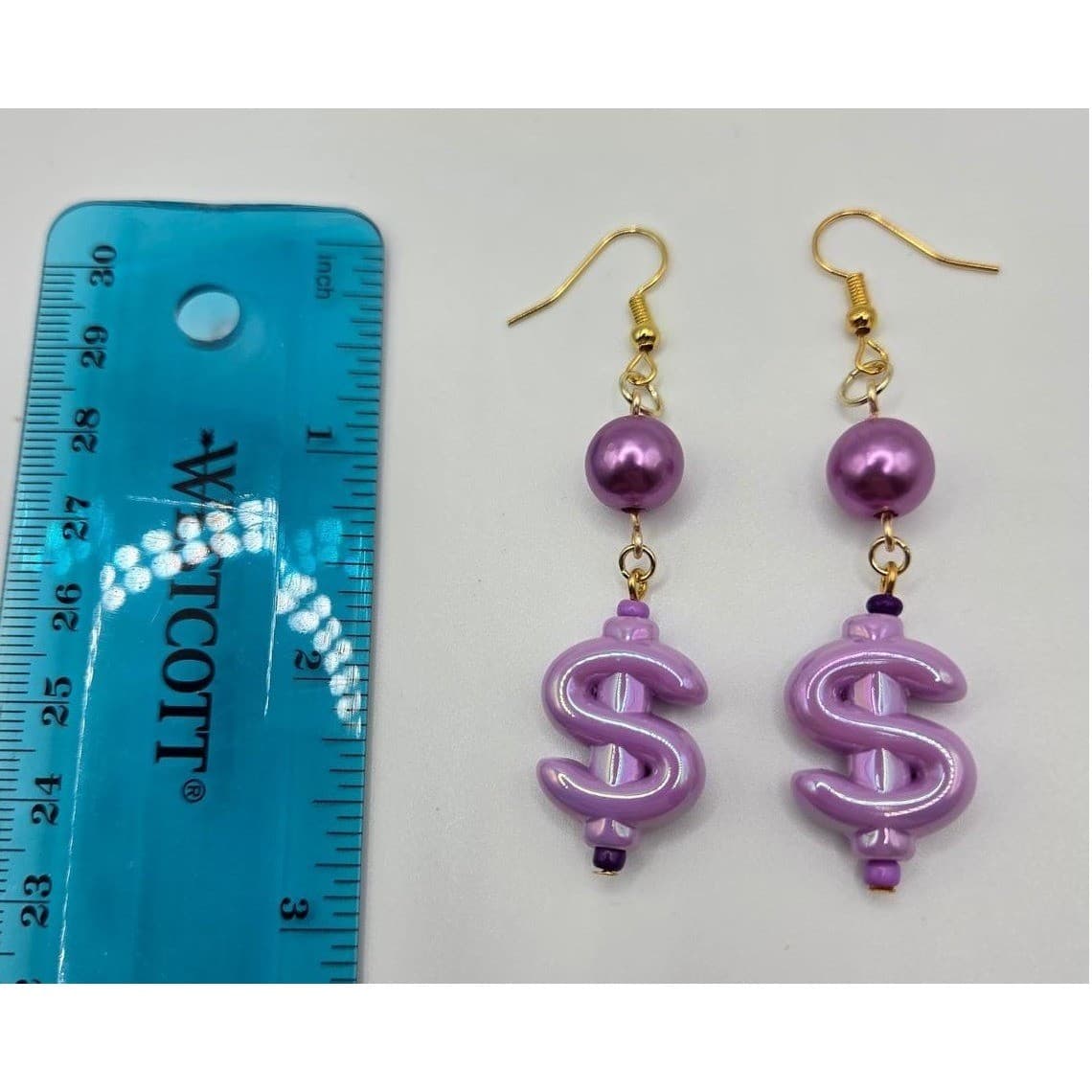 Handmade Earrings Purple Faux Pearl Money Sign Weird Drop Dangle Hypoallergenic - Thumbnail 4