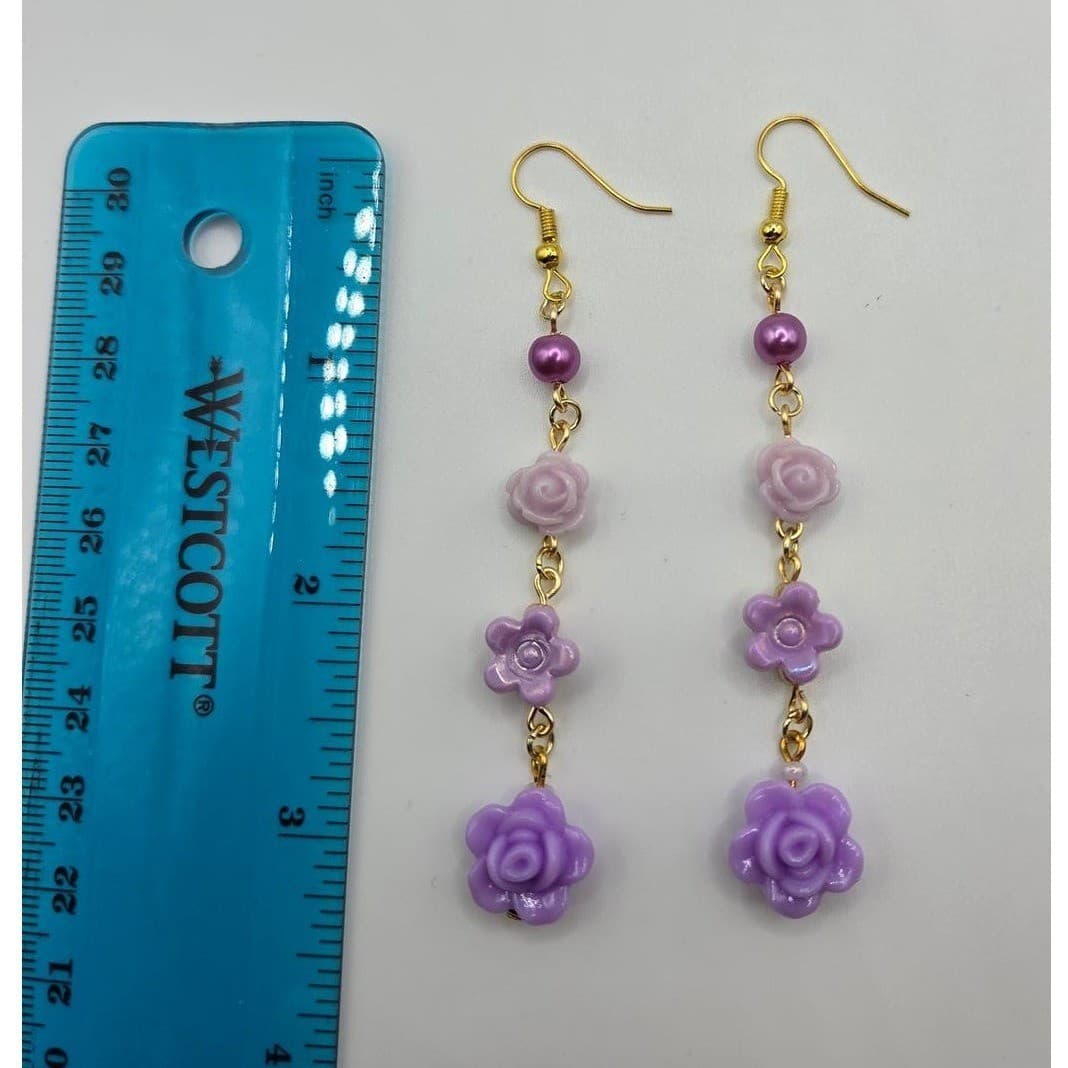 Handmade Drop Earrings Purple Floral Faux Pearl Gold Tone Hypoallergenic - Thumbnail 3