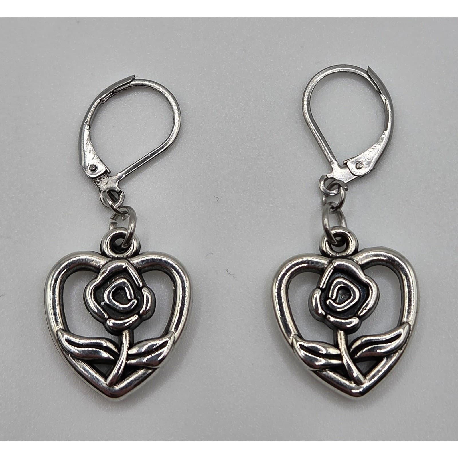 Handmade Earrings Silver Tone Romantic Heart Rose Leverback Hypoallergenic - Thumbnail 6