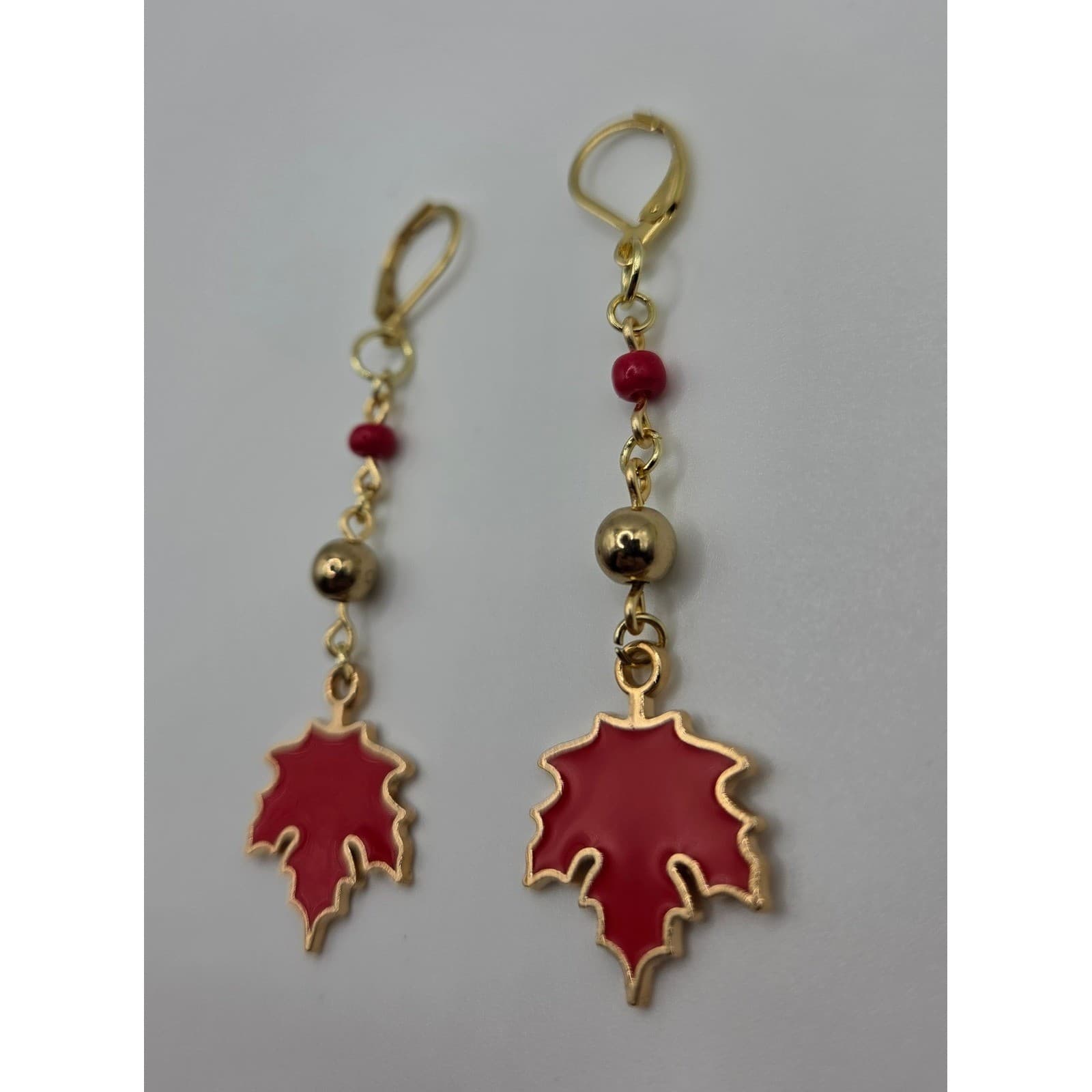Handmade Earrings Red Enamel Maple Leaf Gold Tone Fall Jewelry autumn whimsical - Thumbnail 3