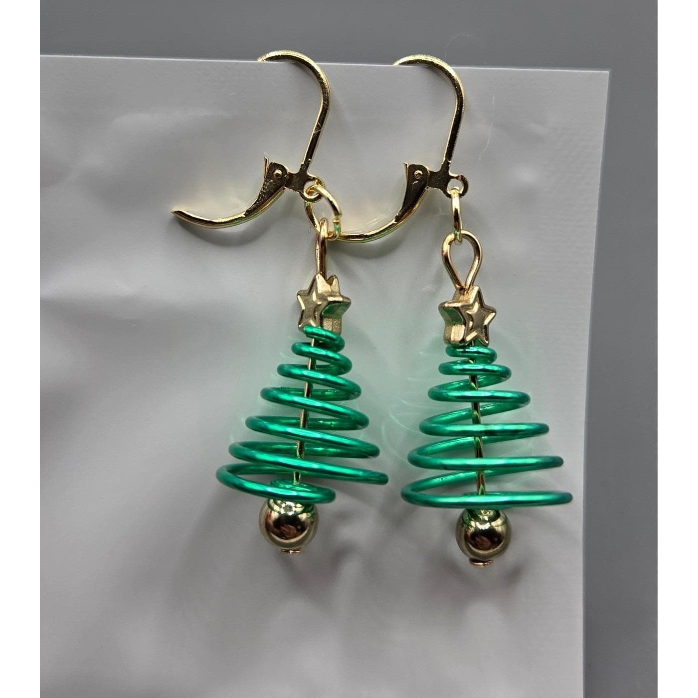 Handmade Earrings Green Wire Star Christmas Tree Lever Back Holiday Jewelry - Thumbnail 3