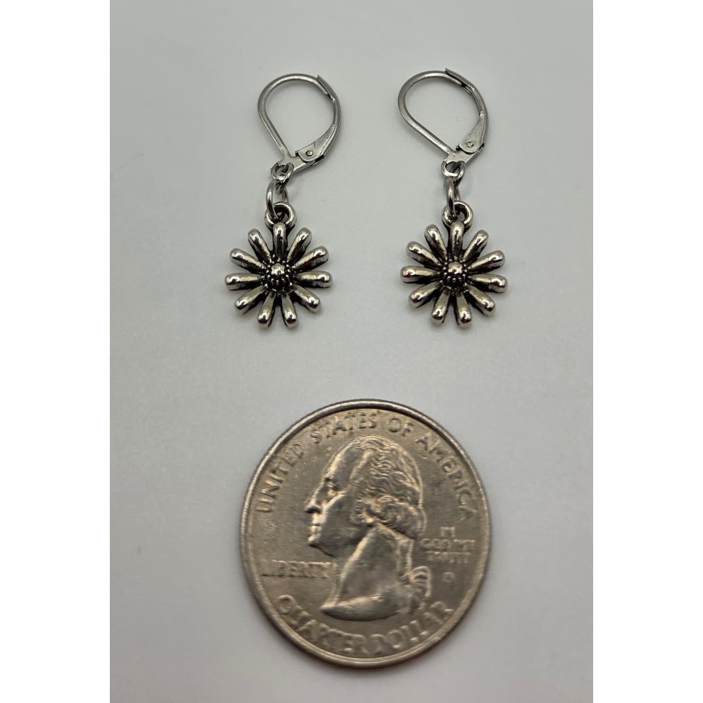 Handmade Earrings Silver Daisy Leverback Stainless Steel Hypoallergenic Floral - Thumbnail 7