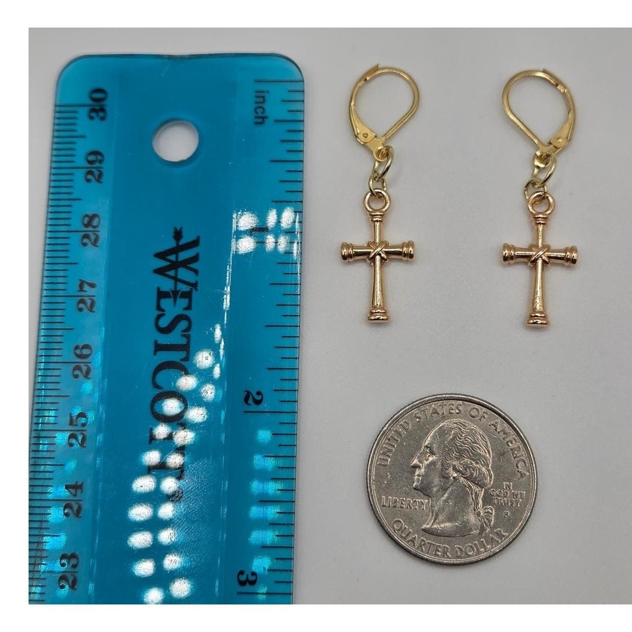 Handmade Earrings Gold Toned Cross Leverback Hypoallergenic # - Thumbnail 5