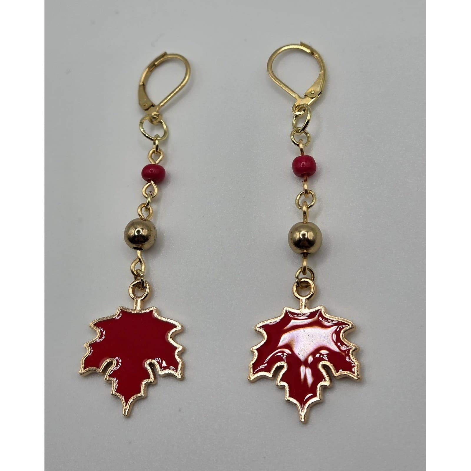 Handmade Earrings Red Enamel Maple Leaf Gold Tone Fall Jewelry autumn whimsical - Thumbnail 5
