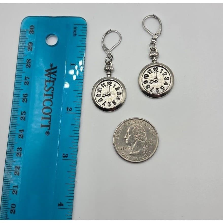 Handmade Faux Clock Earrings Silver Tone Heavy Leverback Hypoallergenic - Thumbnail 7