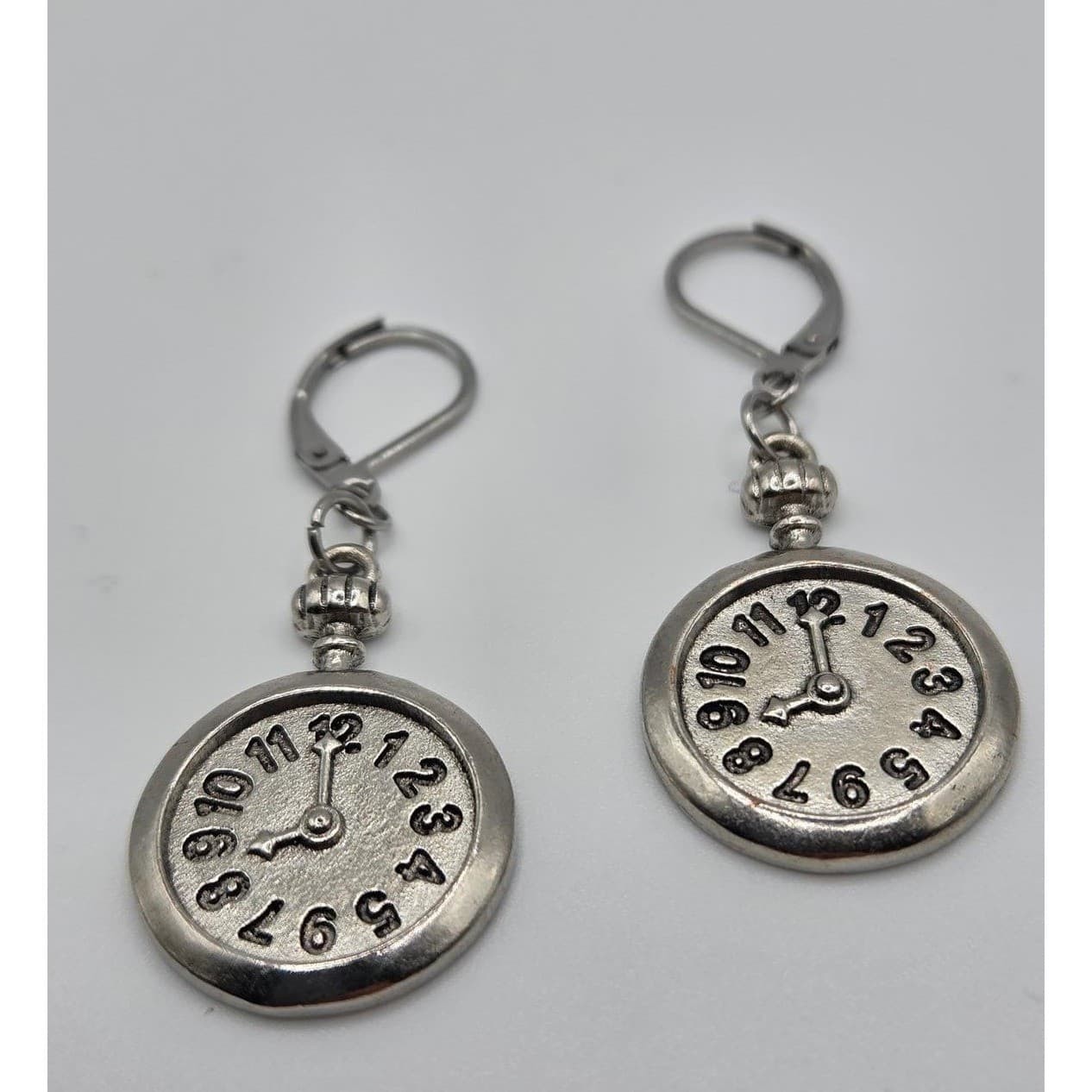 Handmade Faux Clock Earrings Silver Tone Heavy Leverback Hypoallergenic - Thumbnail 4