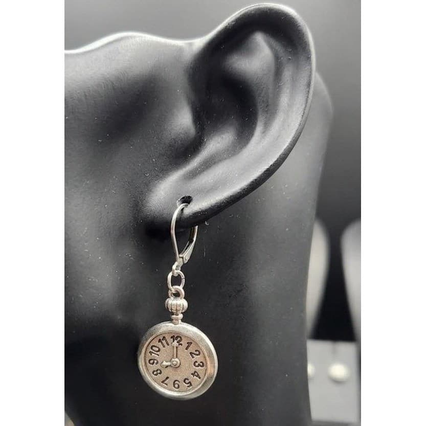 Handmade Faux Clock Earrings Silver Tone Heavy Leverback Hypoallergenic - Thumbnail 3