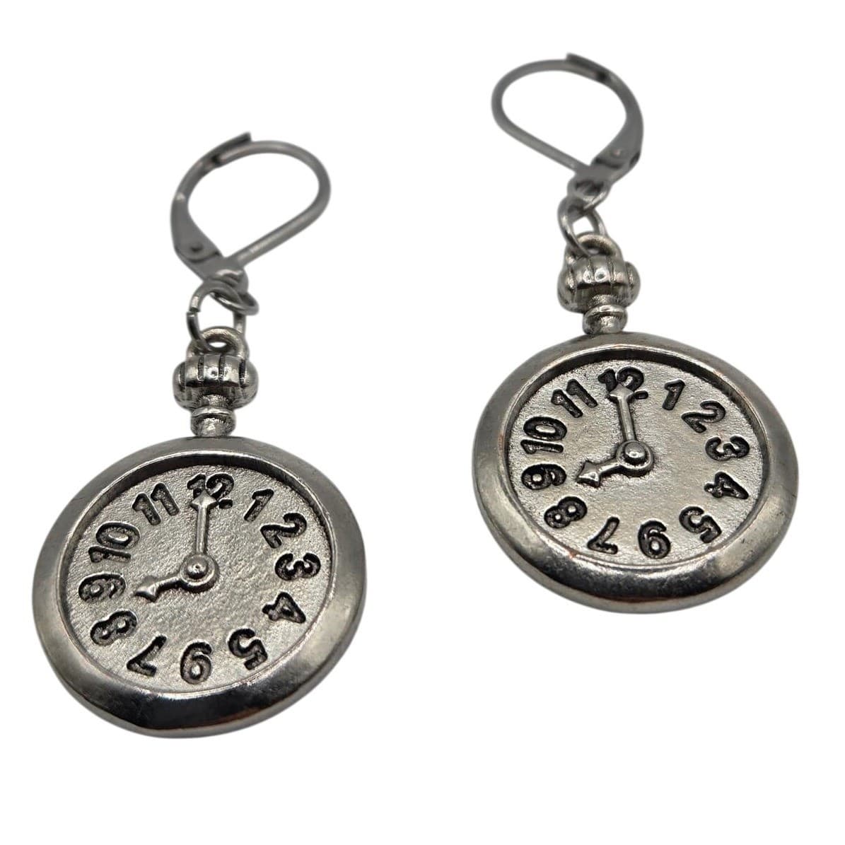 Handmade Faux Clock Earrings Silver Tone Heavy Leverback Hypoallergenic - Thumbnail 2