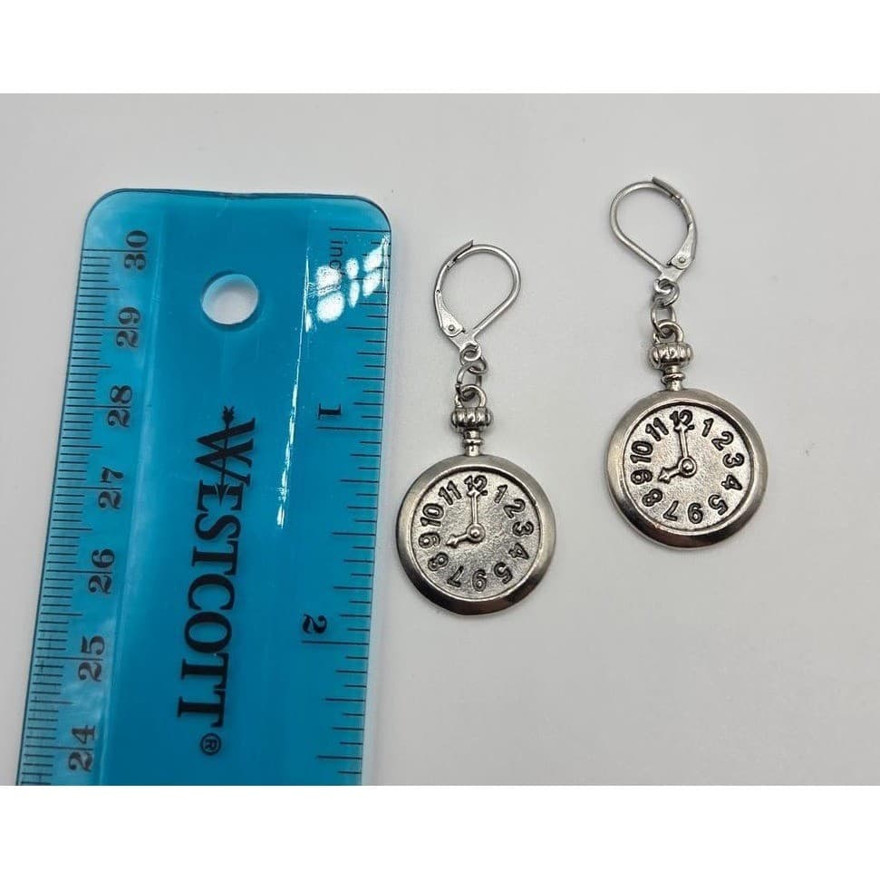 Handmade Faux Clock Earrings Silver Tone Heavy Leverback Hypoallergenic - Thumbnail 5