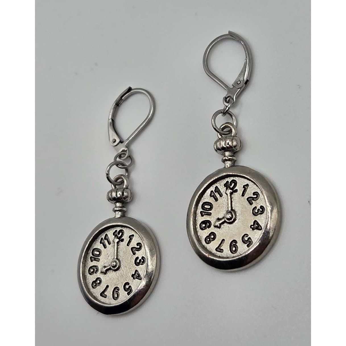 Handmade Faux Clock Earrings Silver Tone Heavy Leverback Hypoallergenic - Thumbnail 6