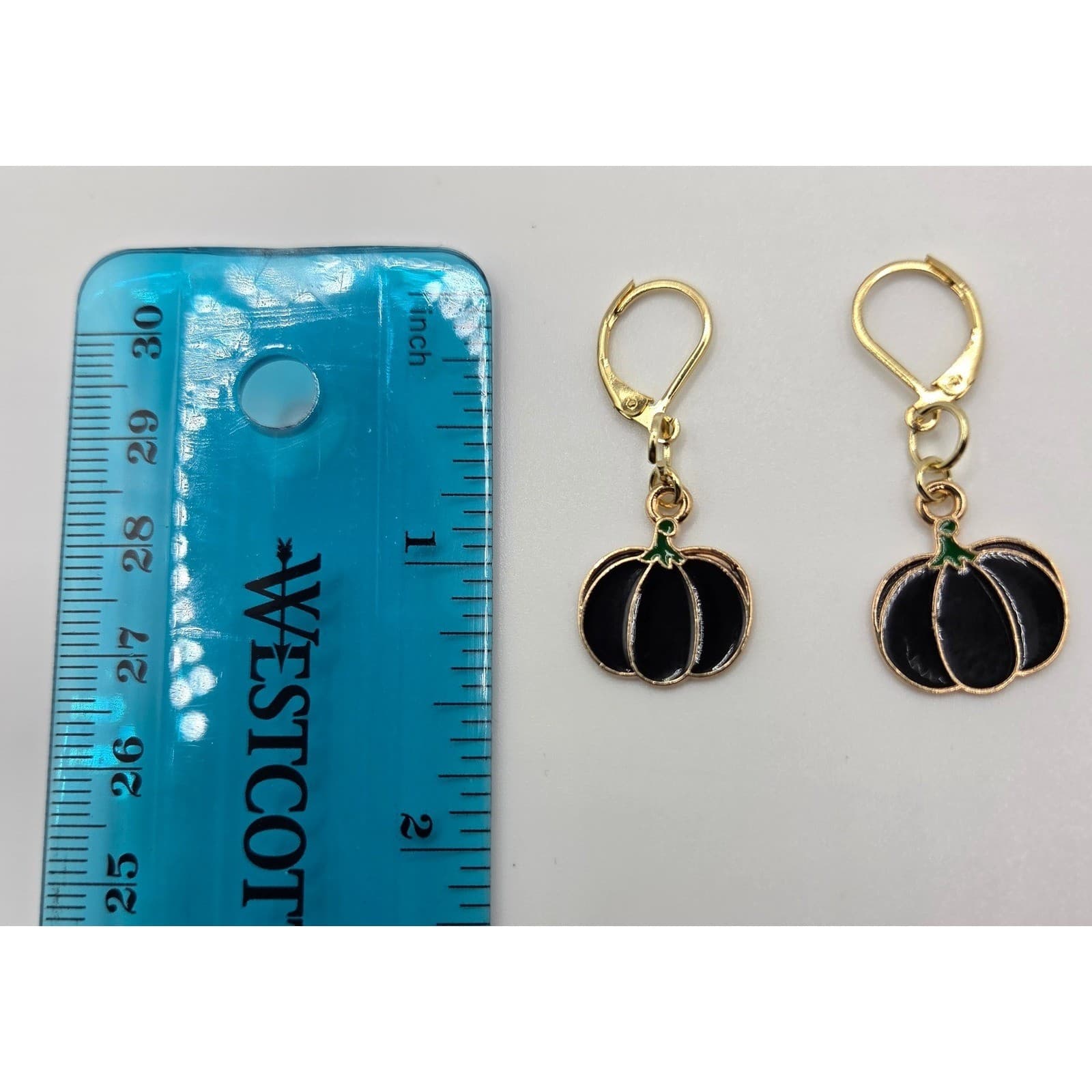 Handmade Earrings Gold Tone Black Goth Pumpkin Leverback Hypoallergenic Fall - Thumbnail 6