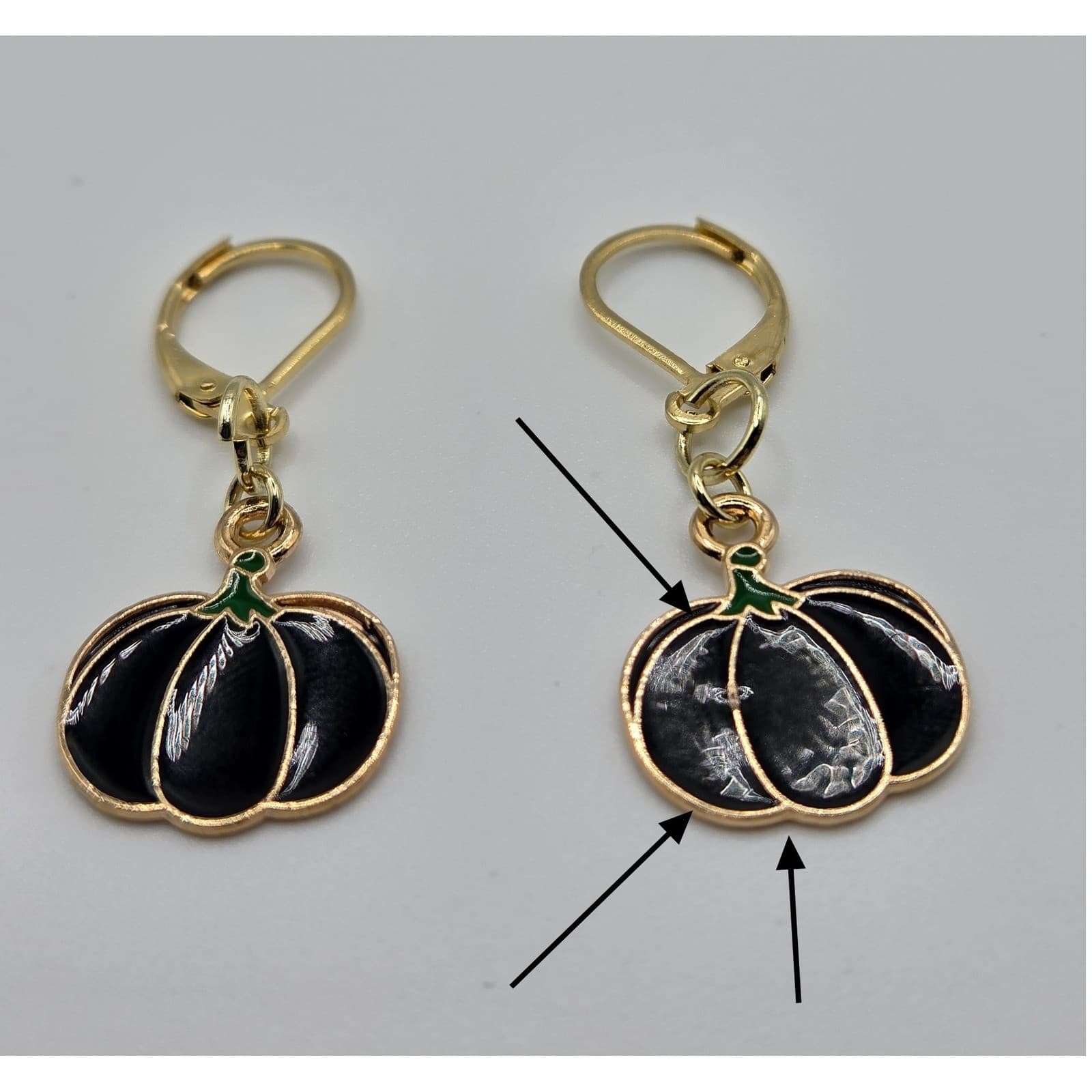 Handmade Earrings Gold Tone Black Goth Pumpkin Leverback Hypoallergenic Fall - Thumbnail 7