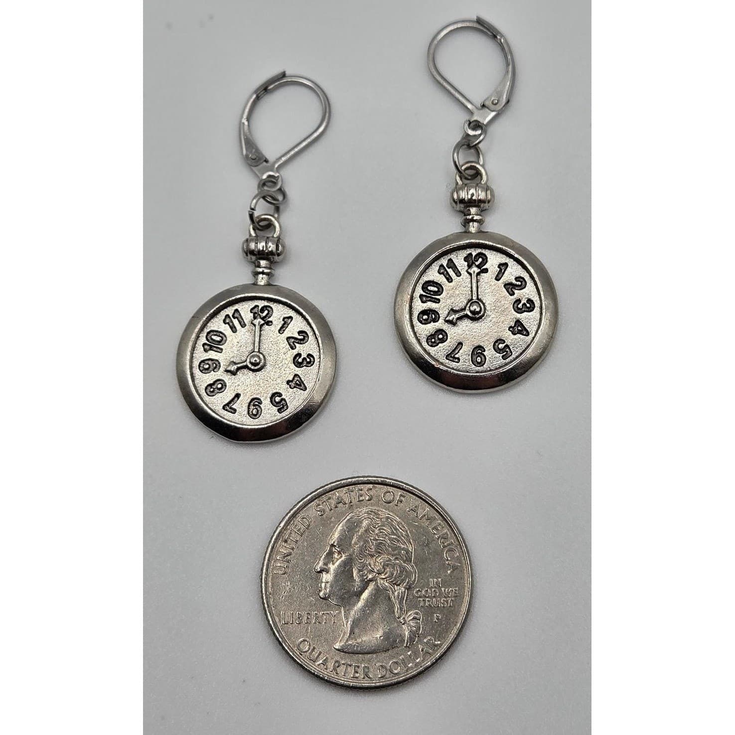 Handmade Faux Clock Earrings Silver Tone Heavy Leverback Hypoallergenic - Thumbnail 8