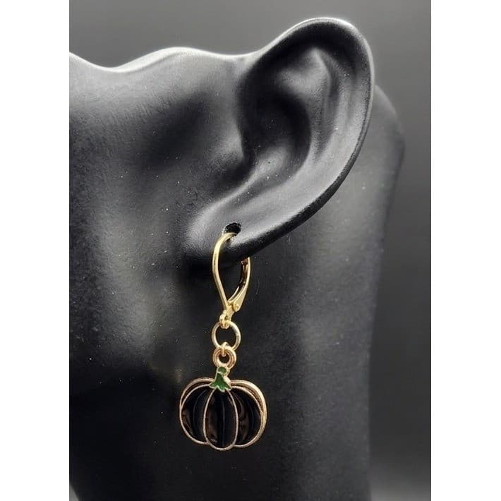 Handmade Earrings Gold Tone Black Goth Pumpkin Leverback Hypoallergenic Fall - Thumbnail 2