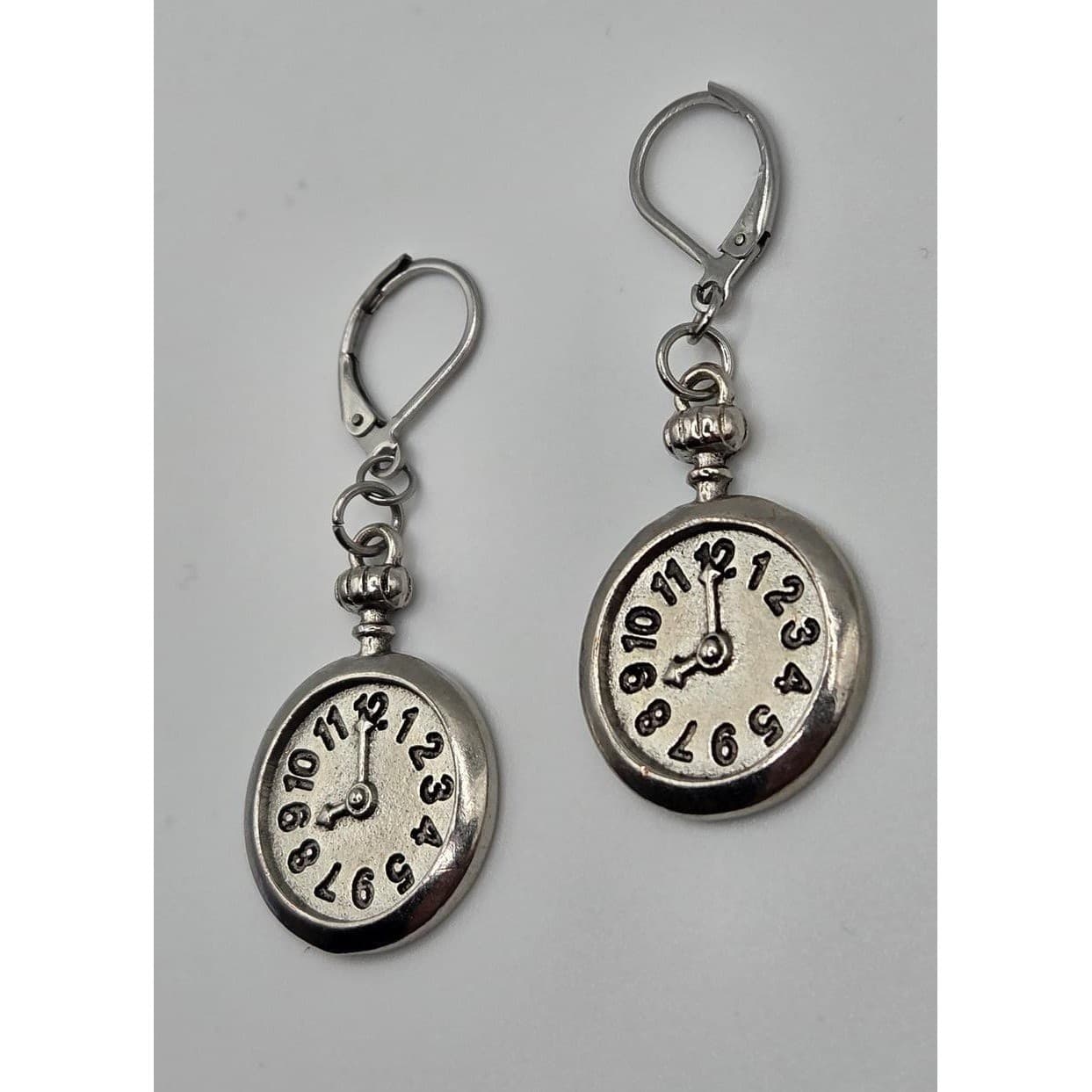 Handmade Faux Clock Earrings Silver Tone Heavy Leverback Hypoallergenic - Thumbnail 9