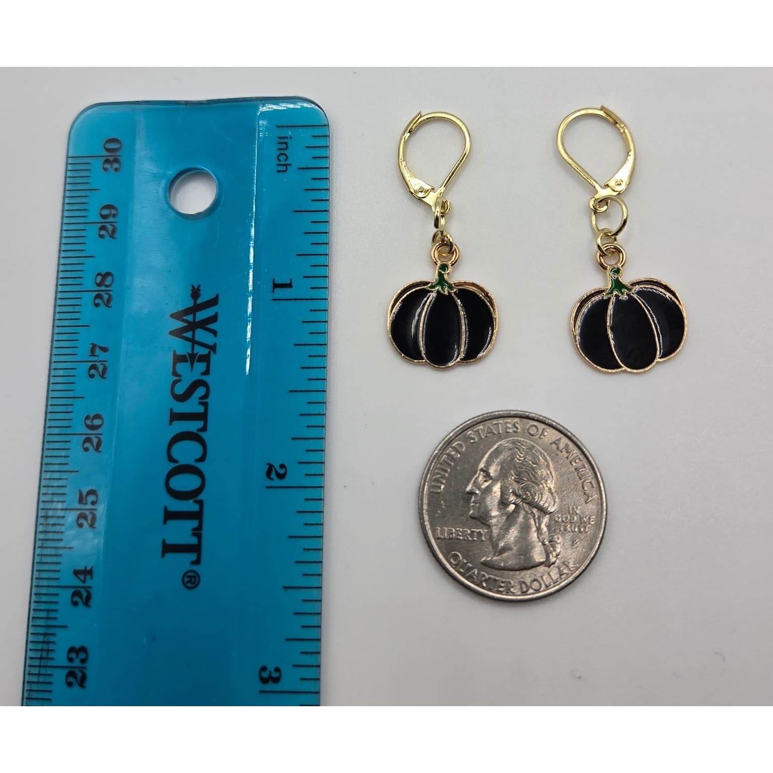 Handmade Earrings Gold Tone Black Goth Pumpkin Leverback Hypoallergenic Fall - Thumbnail 9