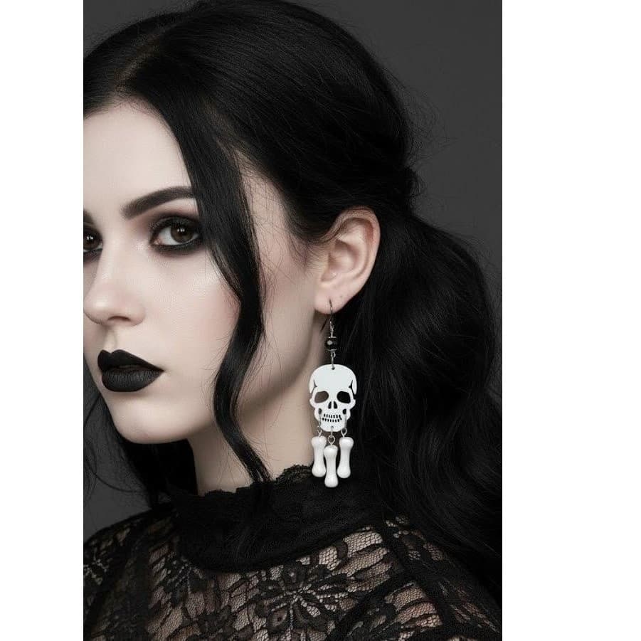 Skull Bone Dangle Earrings Handmade Jewelry Halloween Chandelier - Thumbnail 6