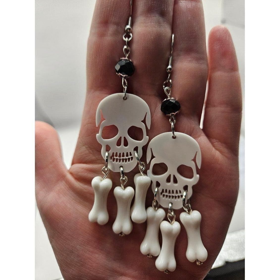 Skull Bone Dangle Earrings Handmade Jewelry Halloween Chandelier - Thumbnail 4