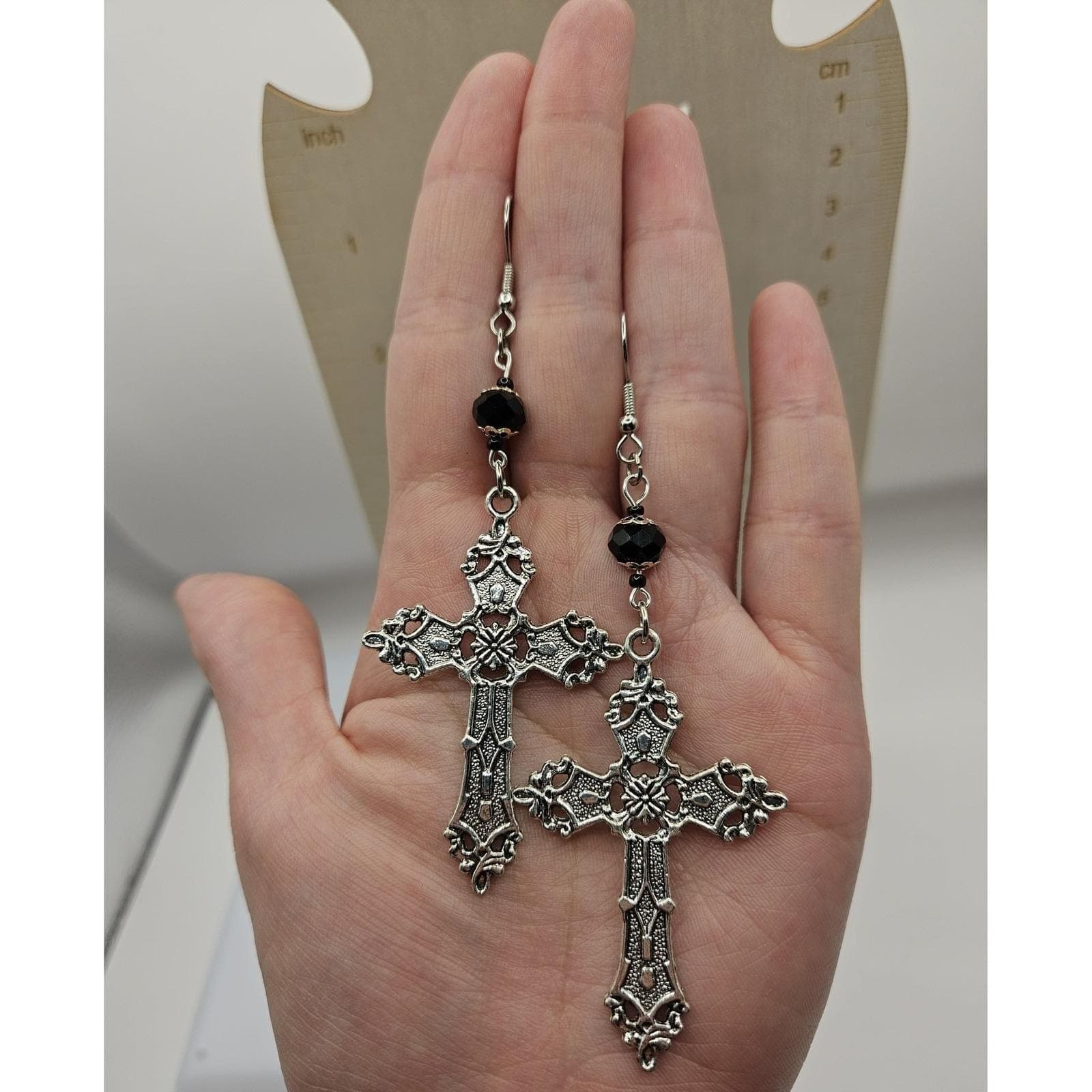 Goth Cross Beaded Earrings Handmade Dangle Victorian Style - Thumbnail 4