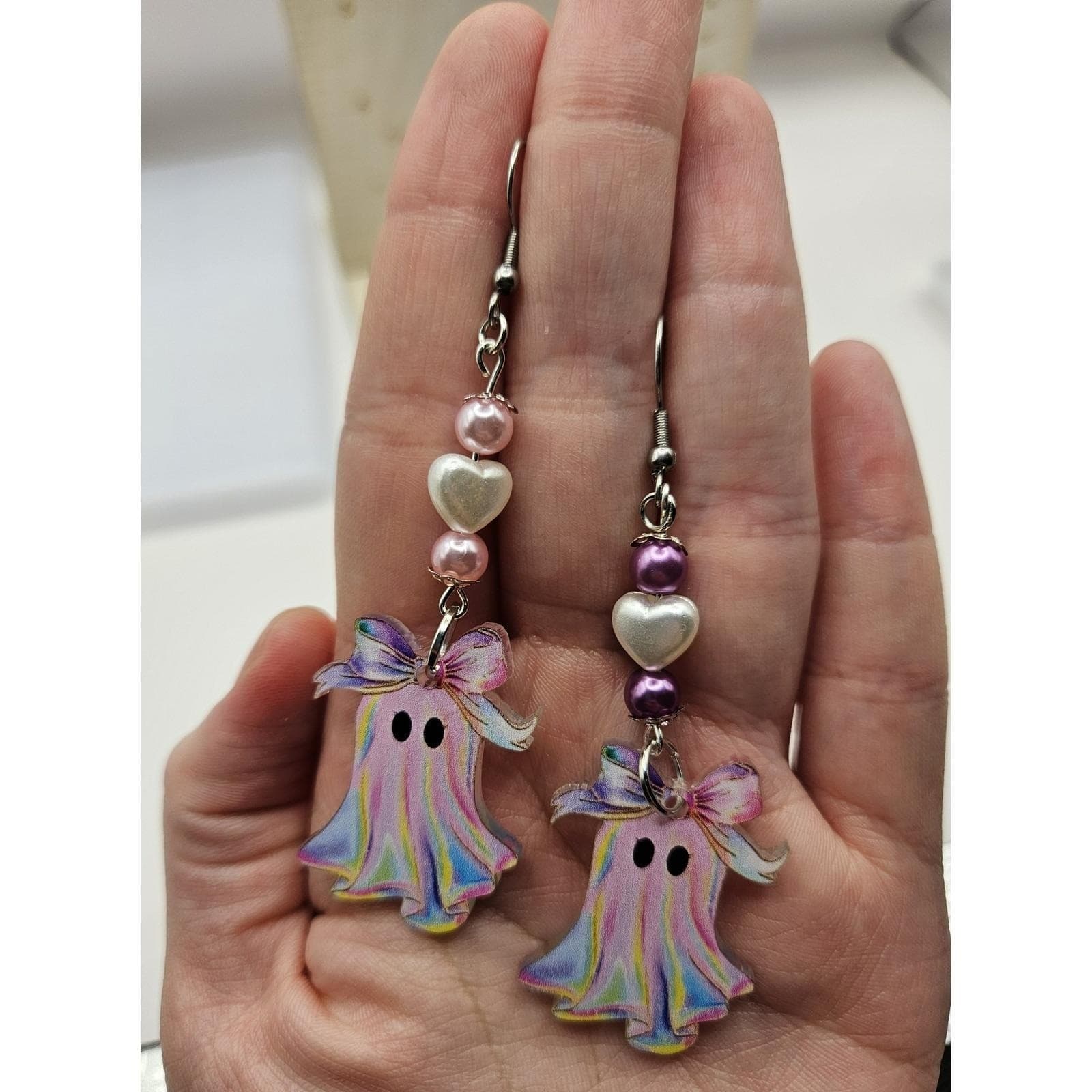 Pink Ghost Earrings Handmade Mismatched Pastel Goth - Thumbnail 4