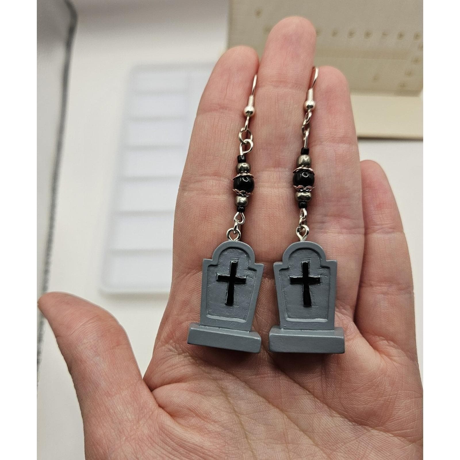 Tombstone Dangle Earrings Halloween Handmade Jewelry Spooky Gothic Grave - Thumbnail 5