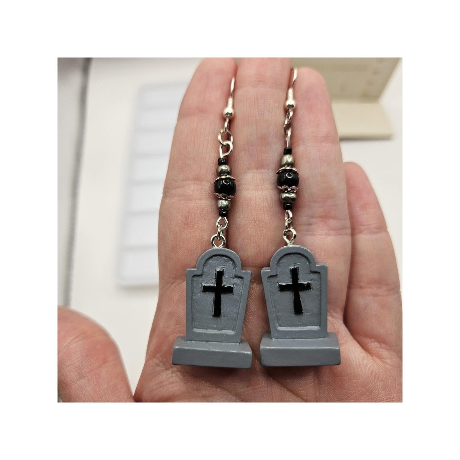 Tombstone Dangle Earrings Halloween Handmade Jewelry Spooky Gothic Grave - Thumbnail 6