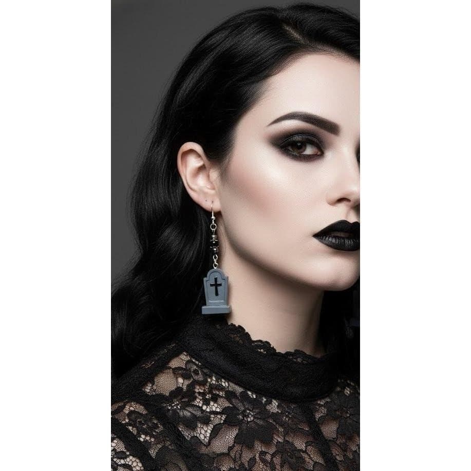Tombstone Dangle Earrings Halloween Handmade Jewelry Spooky Gothic Grave - Thumbnail 8