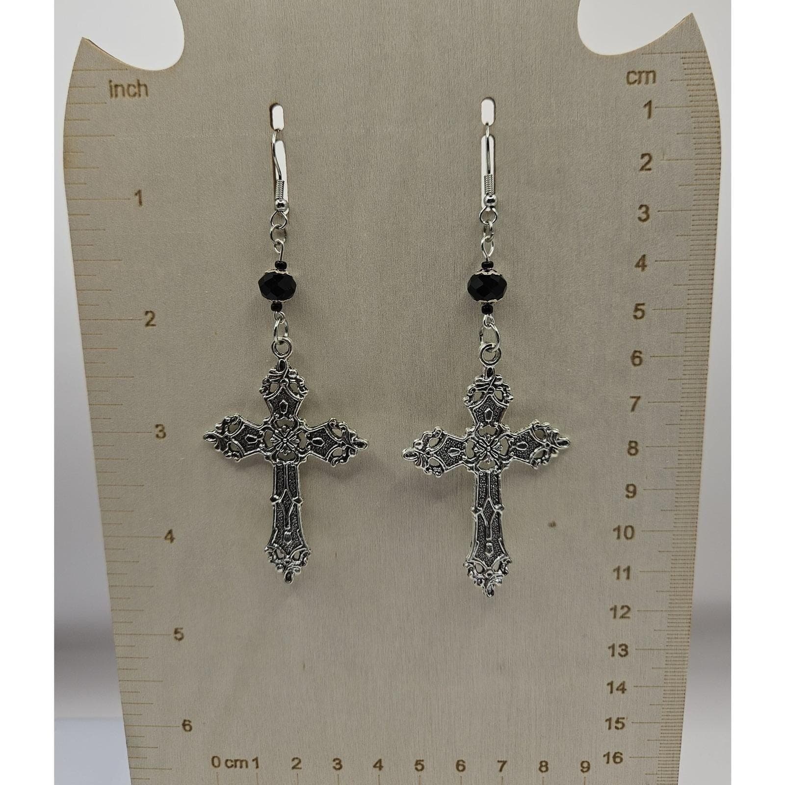 Goth Cross Beaded Earrings Handmade Dangle Victorian Style - Thumbnail 2