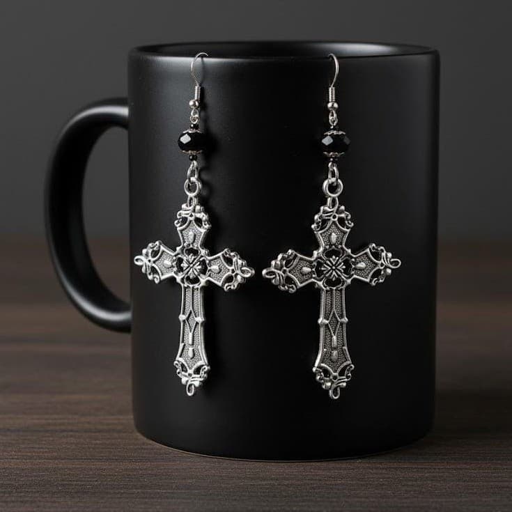 Goth Cross Beaded Earrings Handmade Dangle Victorian Style - Thumbnail 7