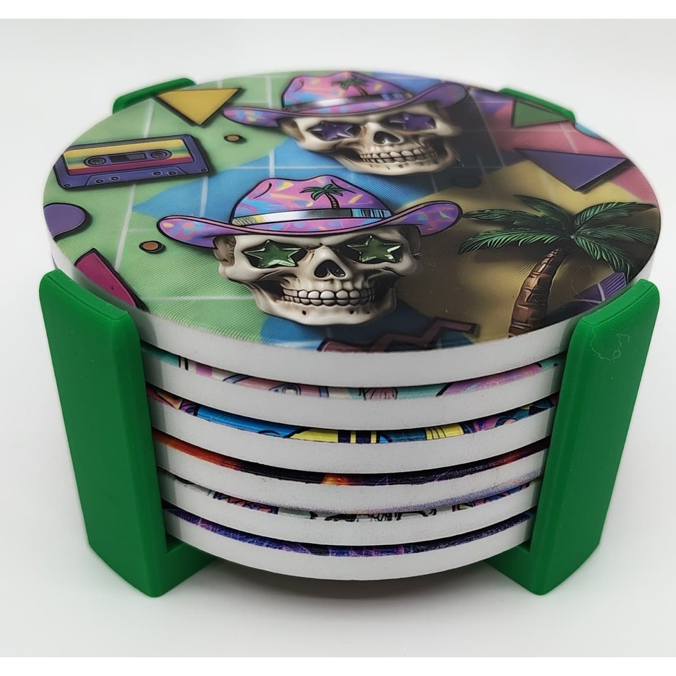 Custom Mainline Coaster 6pc Set 4" Retro 80s 90s Synthwave Skull Vaporwave - Thumbnail 5