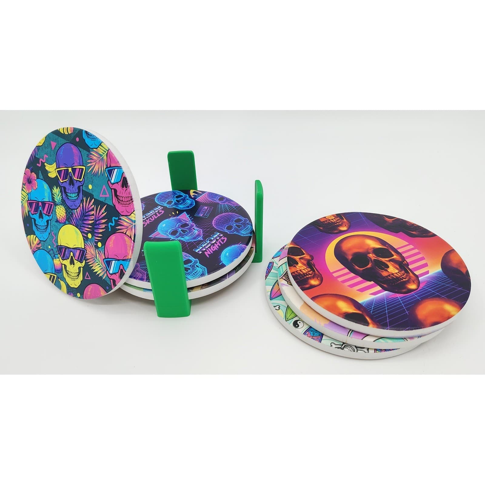 Custom Mainline Coaster 6pc Set 4" Retro 80s 90s Synthwave Skull Vaporwave - Thumbnail 4