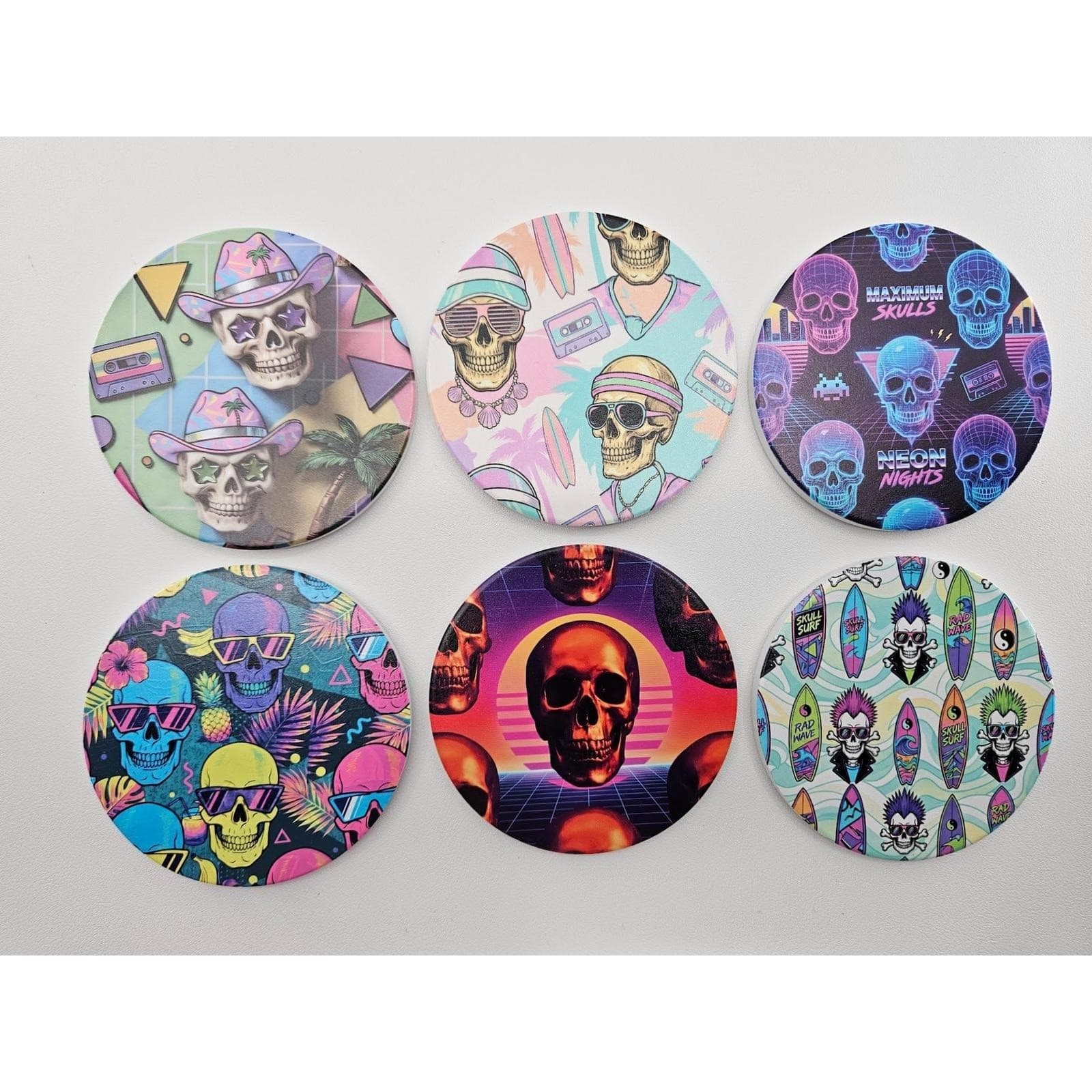 Custom Mainline Coaster 6pc Set 4" Retro 80s 90s Synthwave Skull Vaporwave - Thumbnail 3