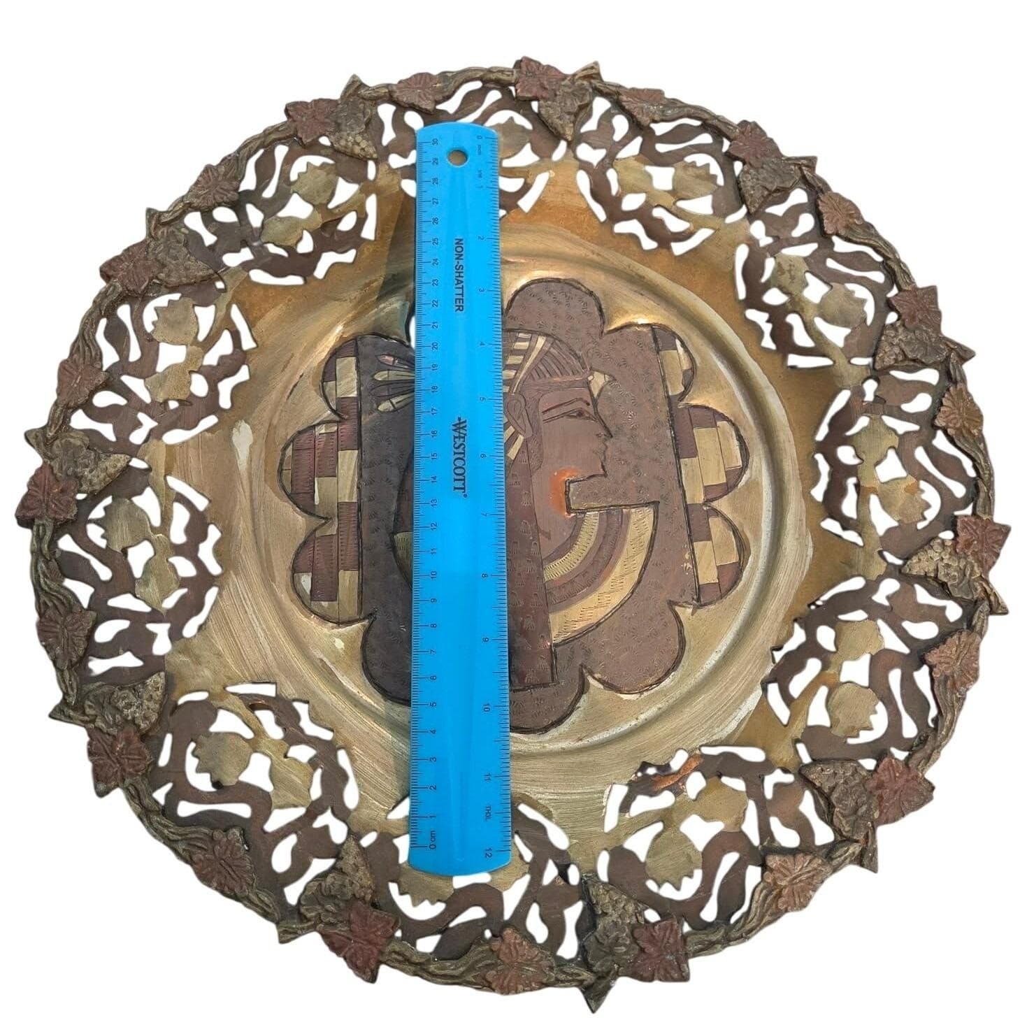 Handmade Egyptian Plate Brass Copper Pharaoh Profile Grape Border 15" - Thumbnail 2