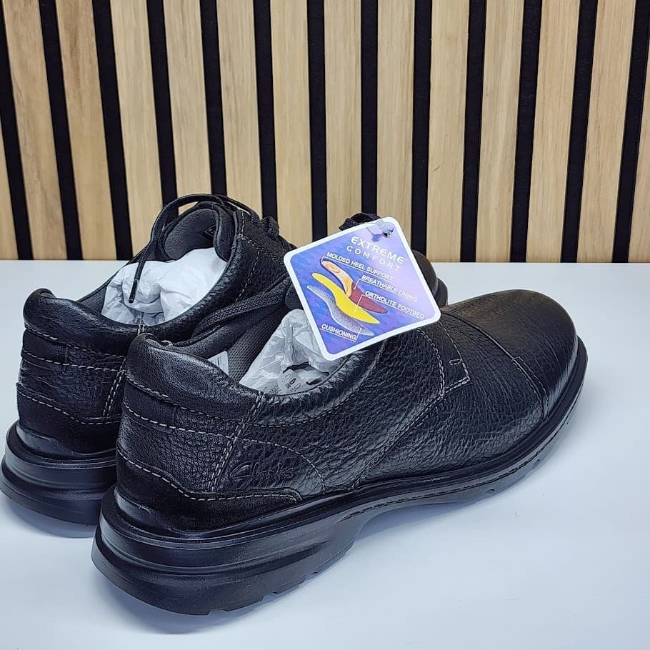 NEW - Clarks Gessler Men’s Black Tumbled Leather Shoes Lace Up Wide - Size 12W - Thumbnail 2