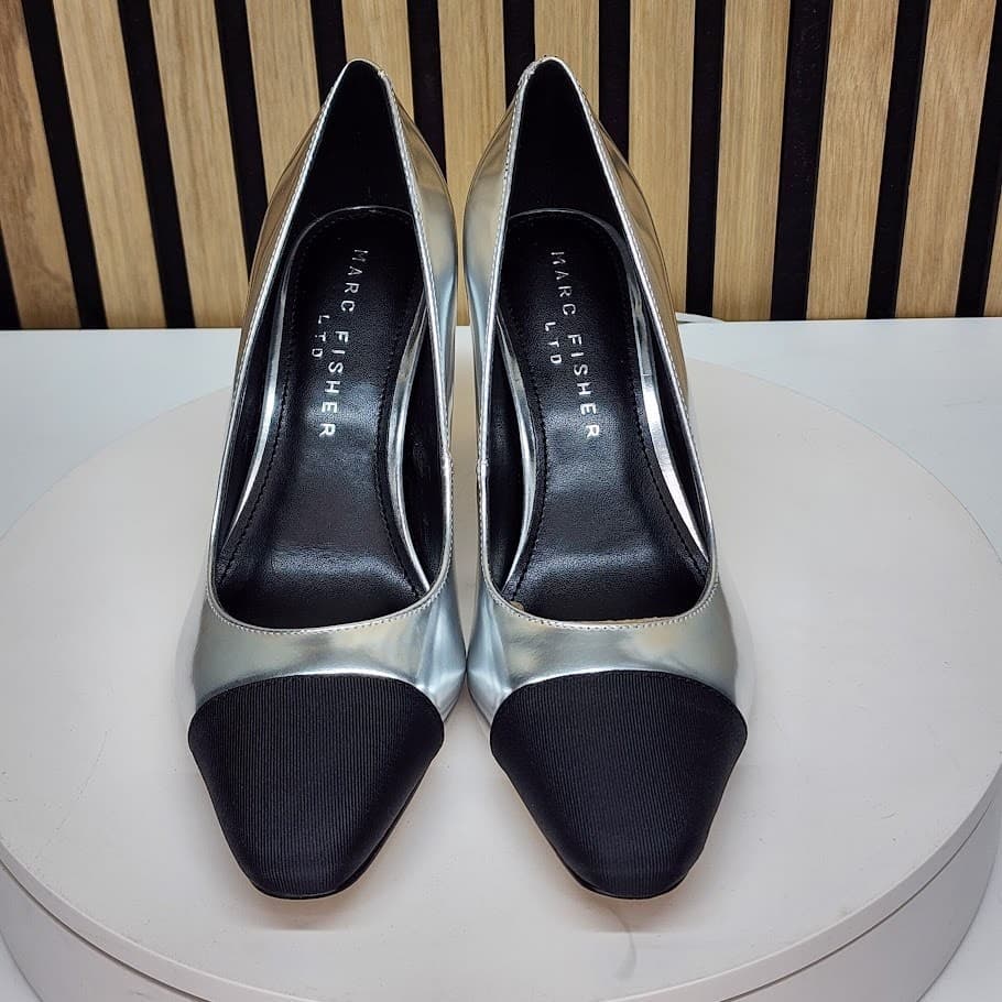 NEW - Marc Fisher Vernie Women’s Silver Black Pumps Slip On Block Heel Size 6.5 - Thumbnail 8