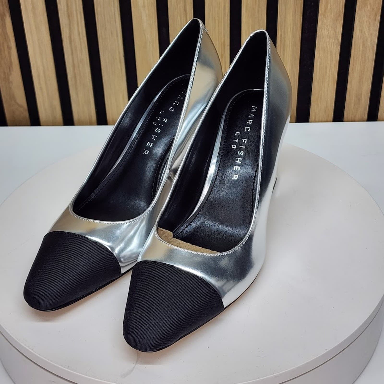 NEW - Marc Fisher Vernie Women’s Silver Black Pumps Slip On Block Heel Size 7 M - Thumbnail 7