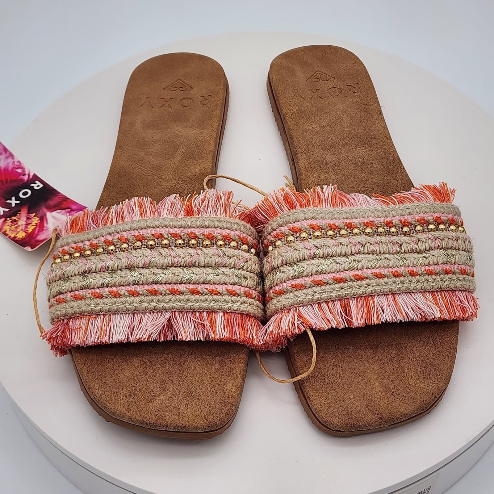 NEW - Roxy Women's Fringe Slide Sandals Pink Multi Boho Beach Size 9 - Thumbnail 5