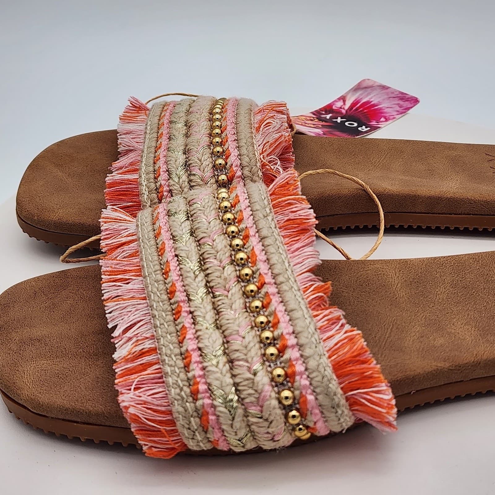 NEW - Roxy Women's Fringe Slide Sandals Pink Multi Boho Beach Size 9 - Thumbnail 4