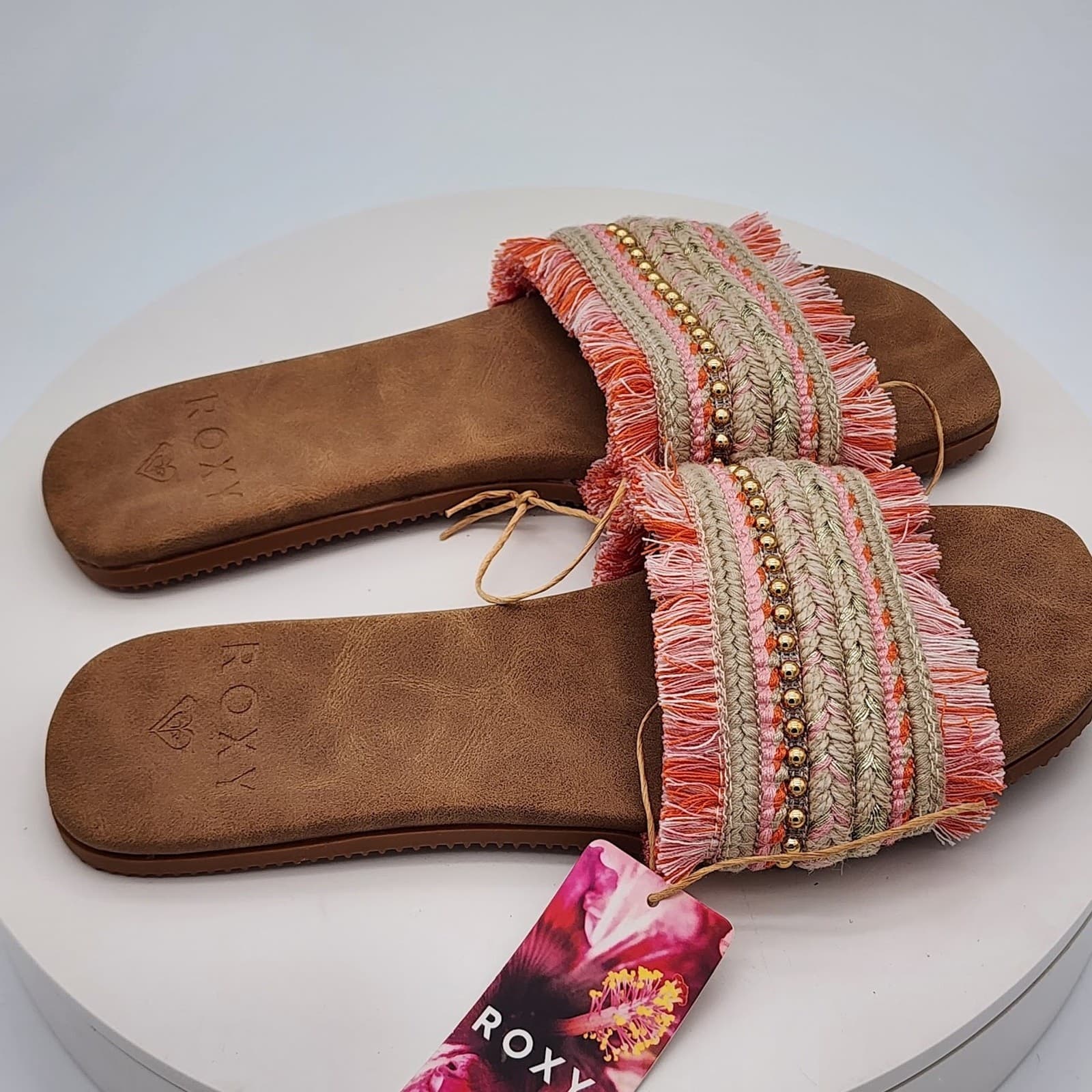 NEW - Roxy Women's Fringe Slide Sandals Pink Multi Boho Beach Size 9 - Thumbnail 2