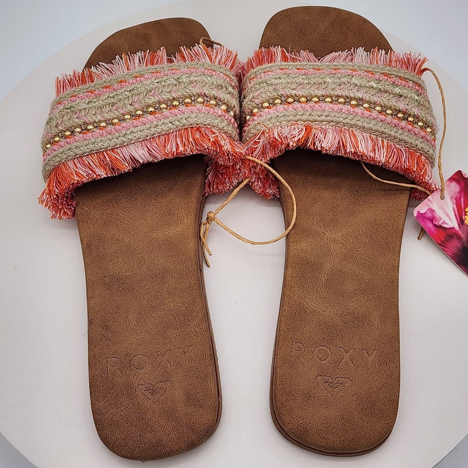 NEW - Roxy Women's Fringe Slide Sandals Pink Multi Boho Beach Size 8 - Thumbnail 3