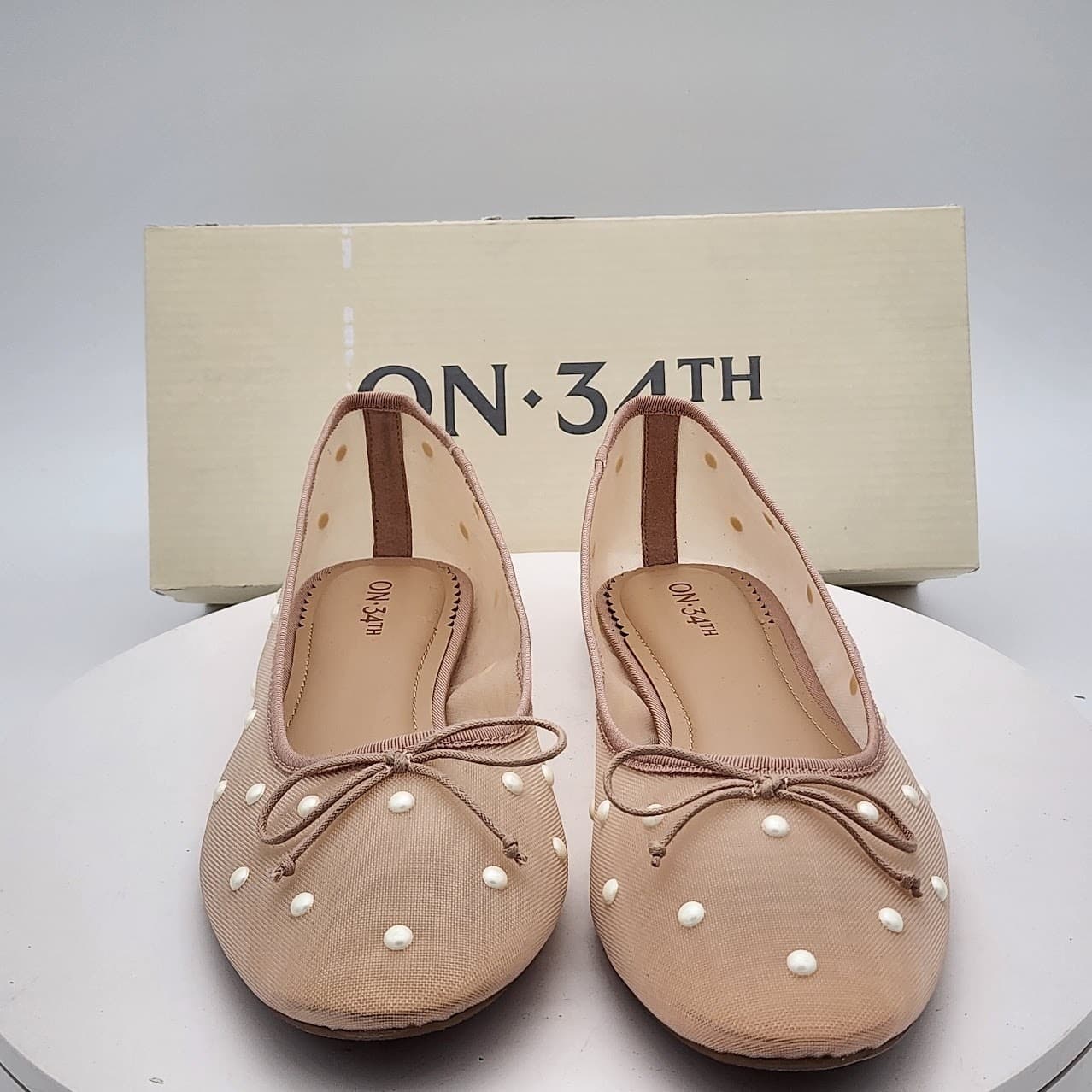 NEW ON 34th Friya Nude Pearl Mesh Ballet Flats Women's Size 8M Sheer Bow Shoes - Thumbnail 2