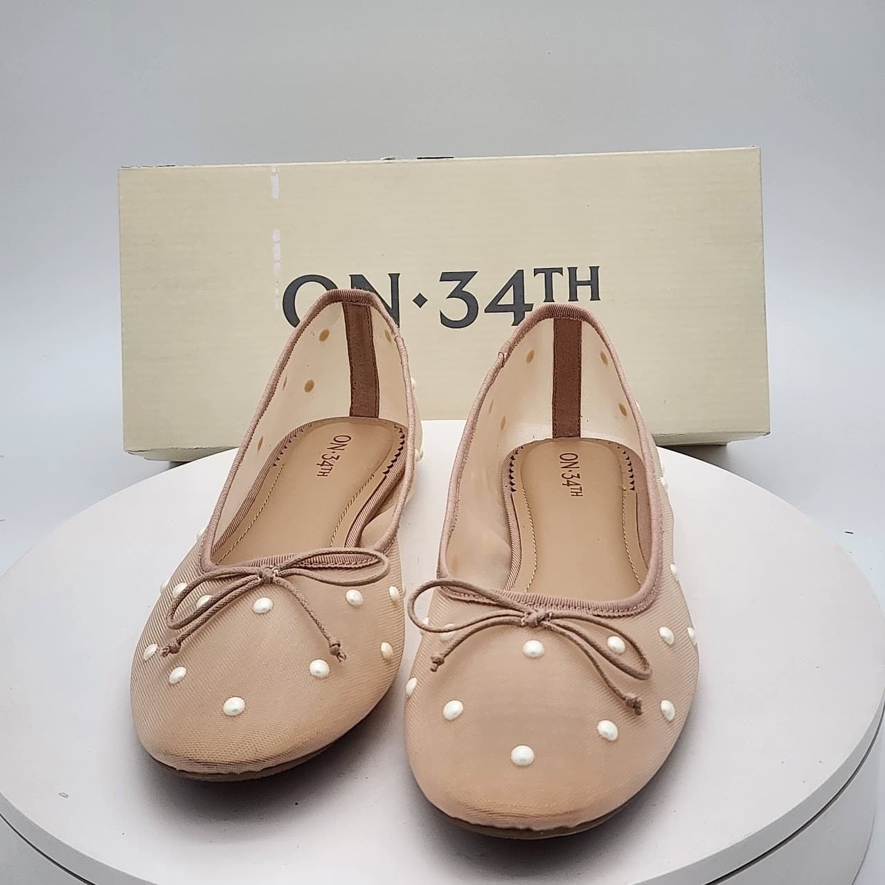 NEW ON 34th Friya Nude Pearl Mesh Ballet Flats Women's Size 8M Sheer Bow Shoes - Thumbnail 7