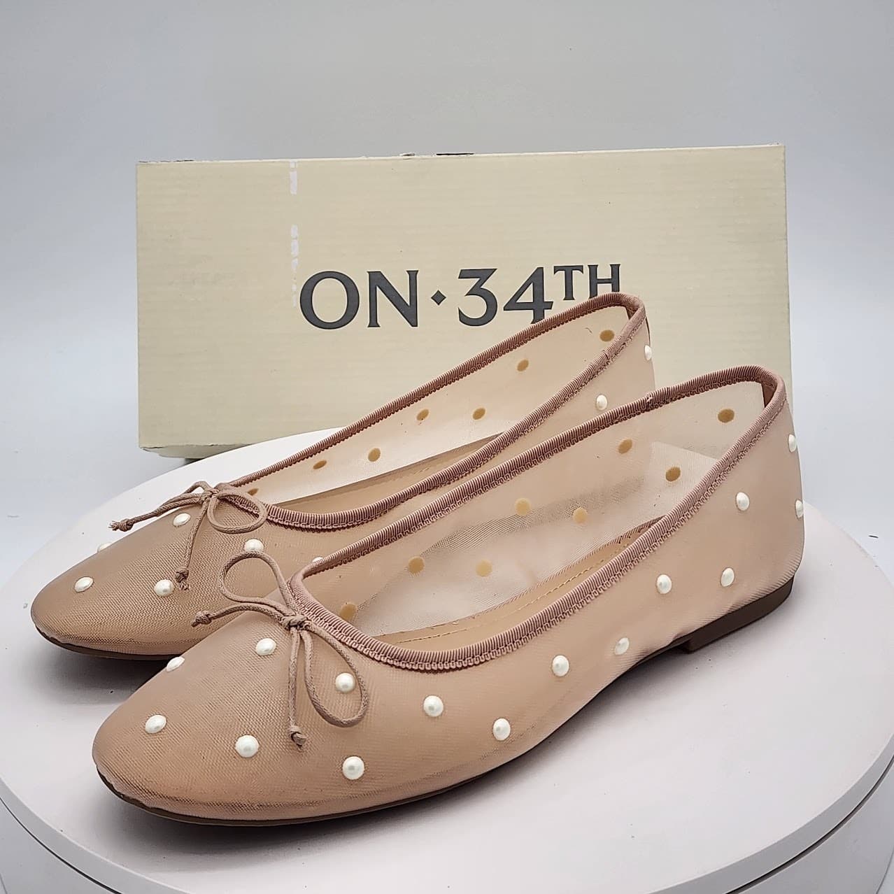 NEW ON 34th Friya Nude Pearl Mesh Ballet Flats Women's Size 8M Sheer Bow Shoes - Thumbnail 6