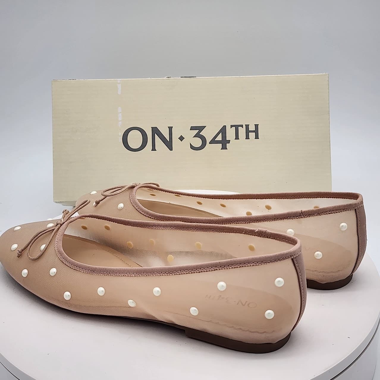 NEW ON 34th Friya Nude Pearl Mesh Ballet Flats Women's Size 8M Sheer Bow Shoes - Thumbnail 5