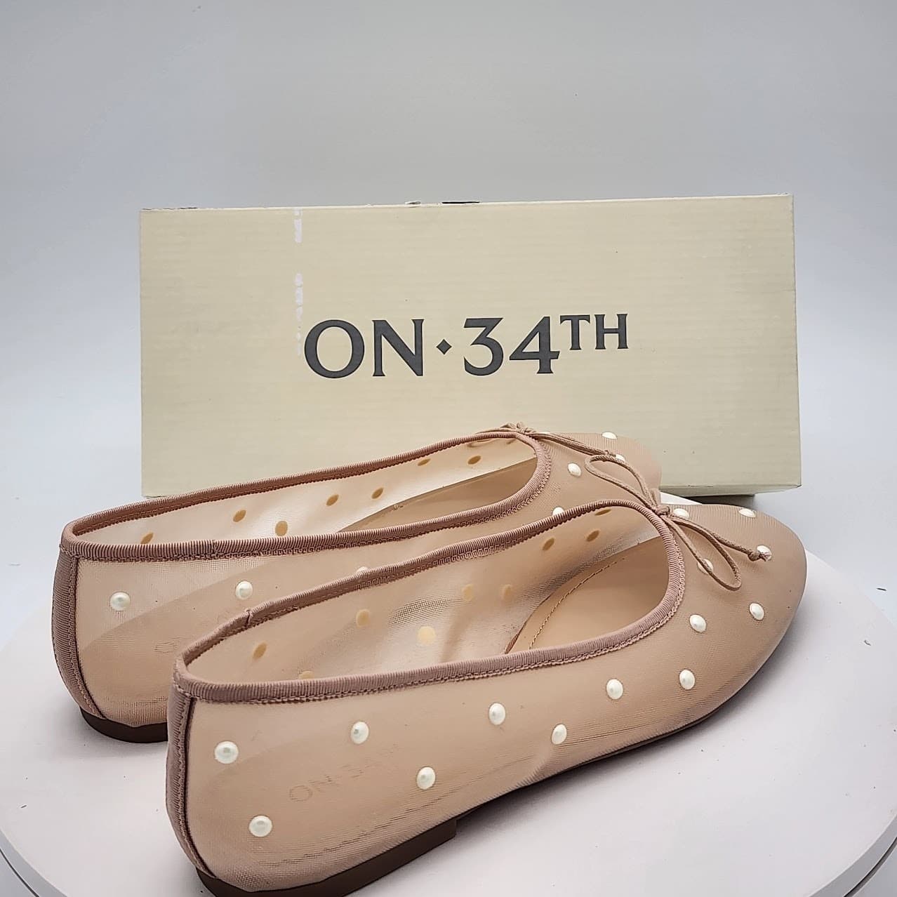 NEW ON 34th Friya Nude Pearl Mesh Ballet Flats Women's Size 8M Sheer Bow Shoes - Thumbnail 3