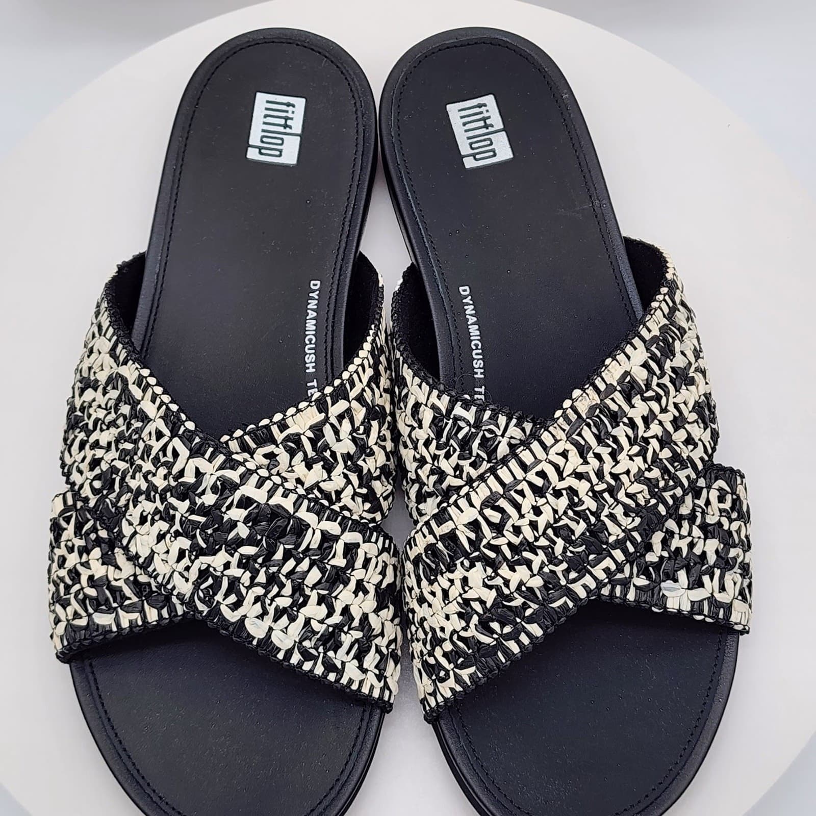 NEW FitFlop Gracie Woven Cross Slide Sandals Black Ivory Raffia Women's Size 9 - Thumbnail 8