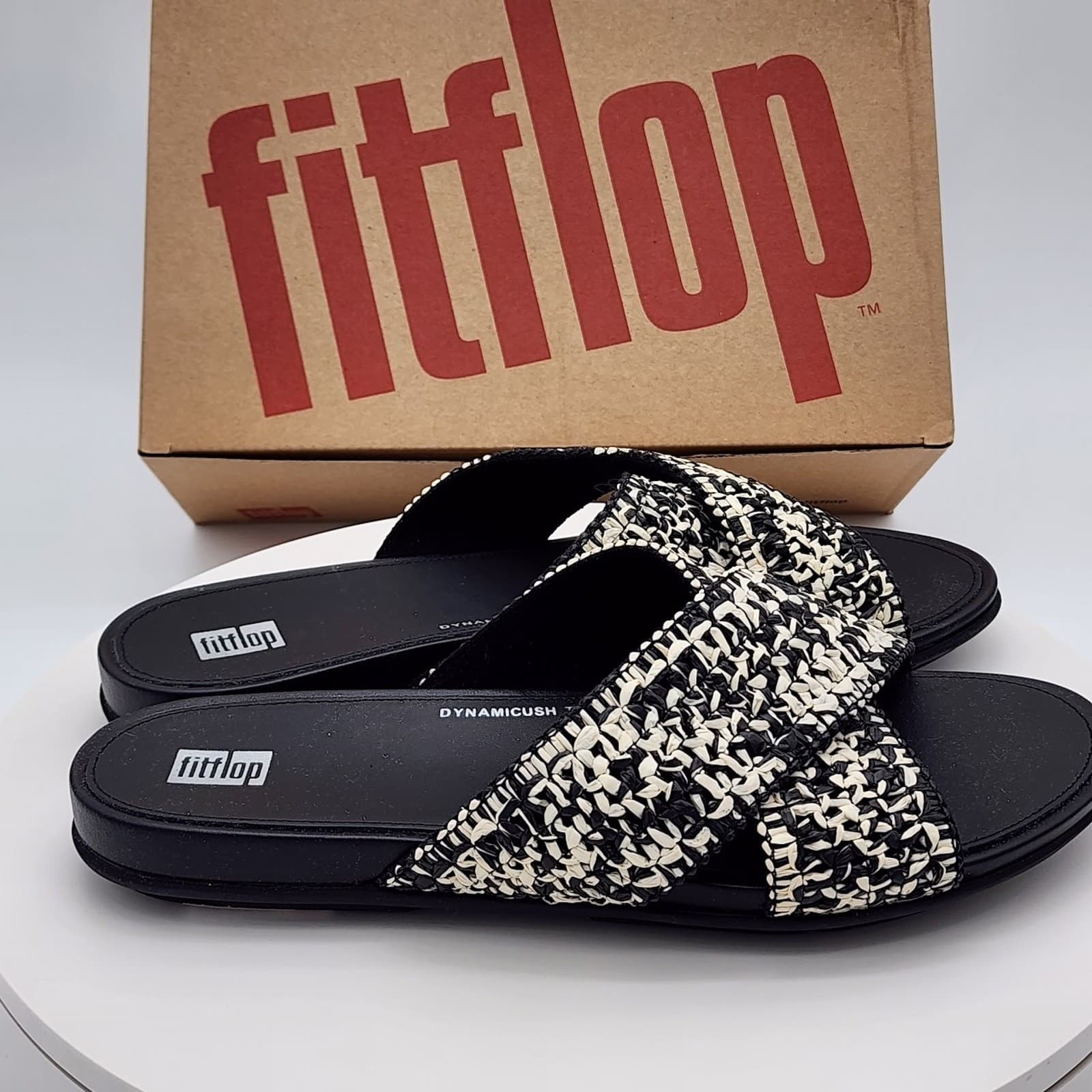 NEW FitFlop Gracie Woven Cross Slide Sandals Black Ivory Raffia Women's Size 9 - Thumbnail 3