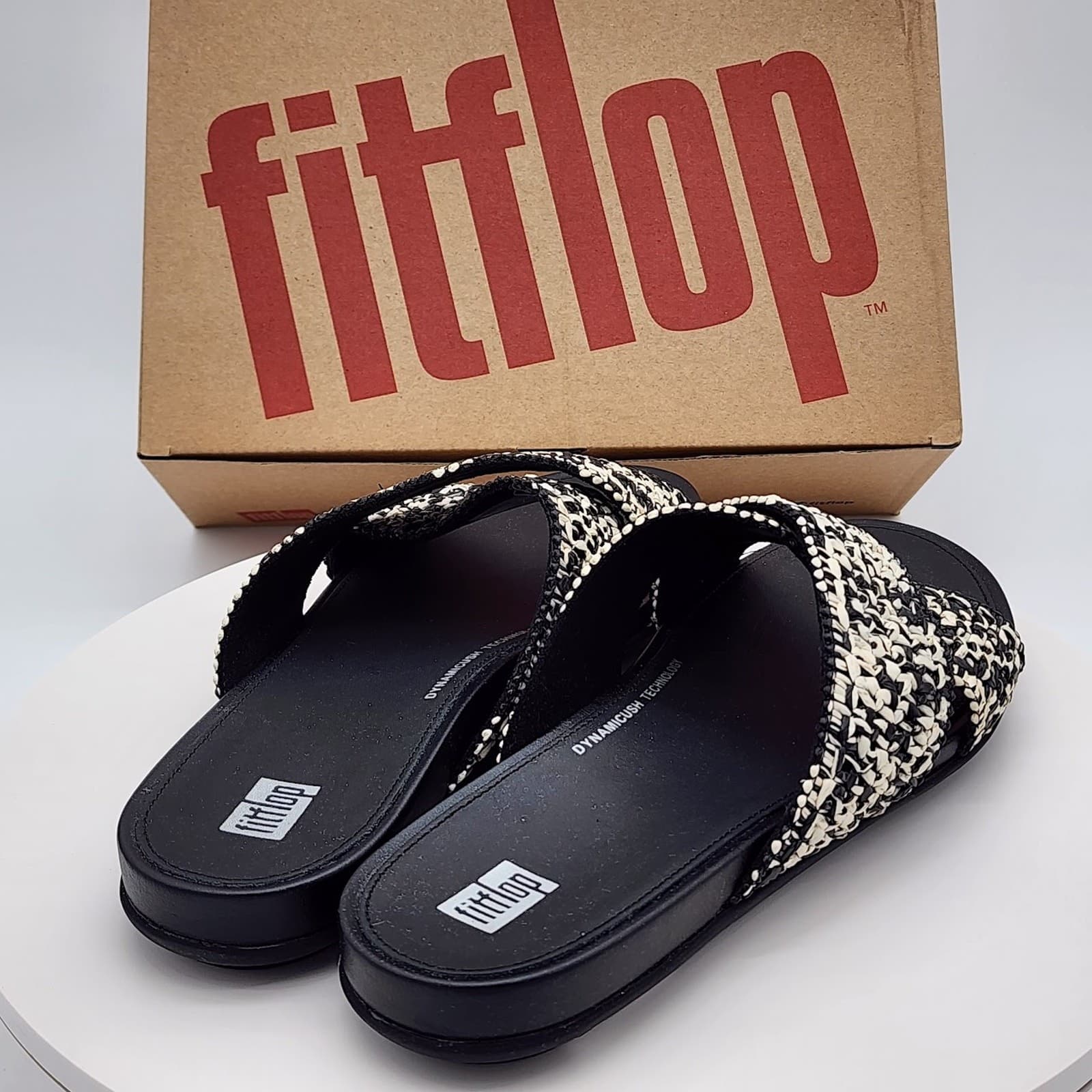 NEW FitFlop Gracie Woven Cross Slide Sandals Black Ivory Raffia Women's Size 10 - Thumbnail 4