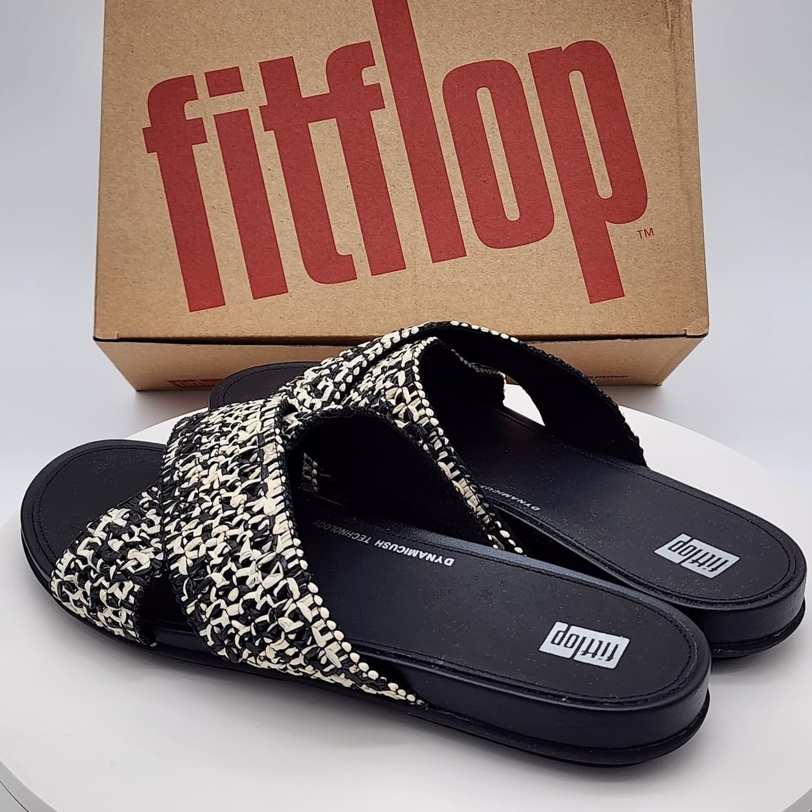 NEW FitFlop Gracie Woven Cross Slide Sandals Black Ivory Raffia Women's Size 9 - Thumbnail 5