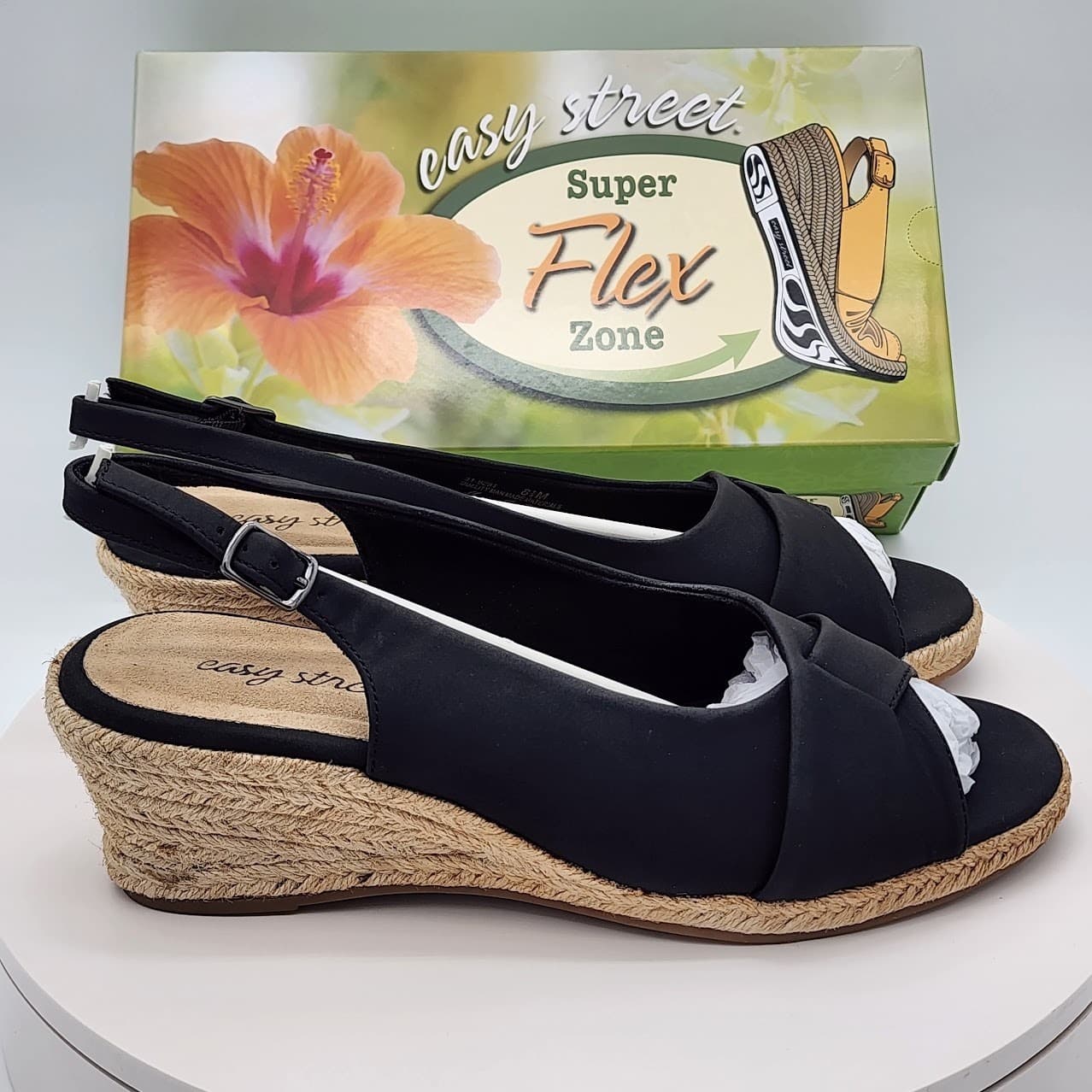 NEW Easy Street Devlin Black Slingback Espadrille Wedge Sandals Women Size 8.5 M - Thumbnail 2